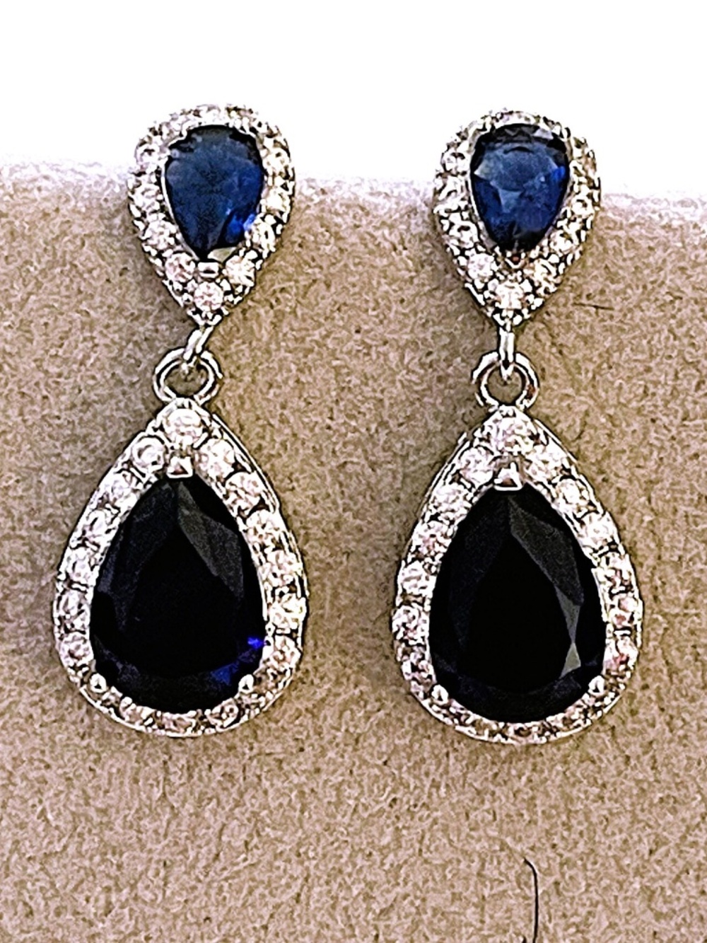 Blue and White Sapphire Earrings: Double Teardrop Halo, 14kt White Gold/Silver